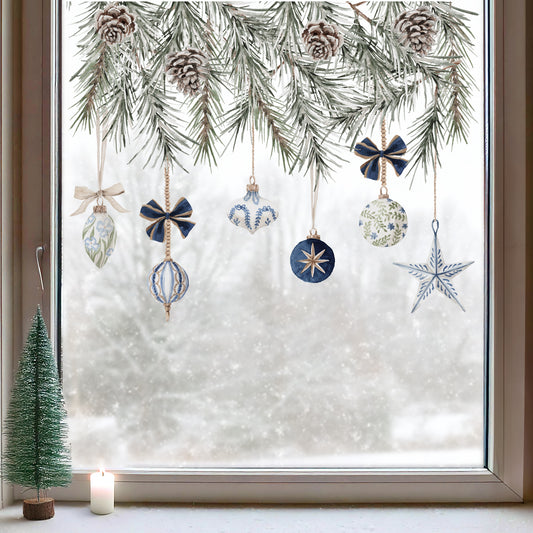 Christmas Blue Baubles & Pine Window Decoration - Reusable Clings for Shop & Home Winter Decor