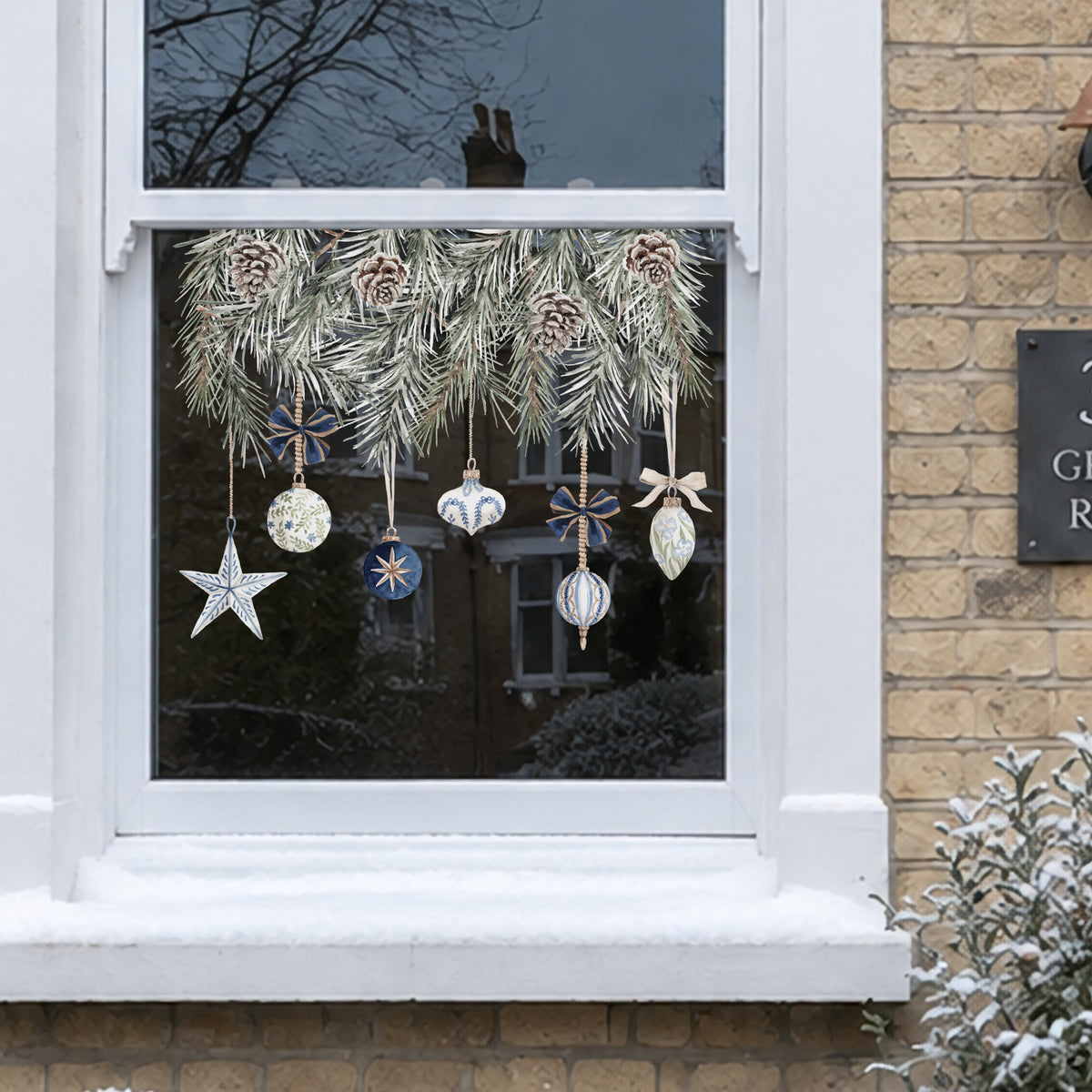 Christmas Blue Baubles & Pine Window Decoration - Reusable Clings for Shop & Home Winter Decor