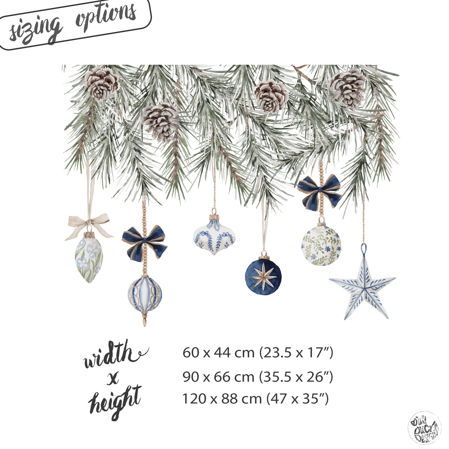 Christmas Blue Baubles & Pine Window Decoration - Reusable Clings for Shop & Home Winter Decor