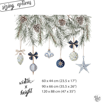 Christmas Blue Baubles & Pine Window Decoration - Reusable Clings for Shop & Home Winter Decor