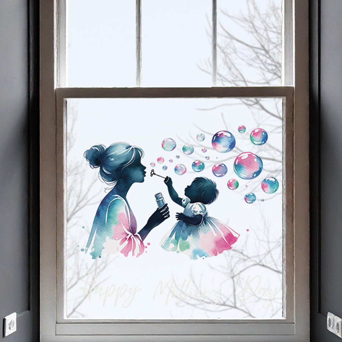 Mother & Child Blowing Bubbles Mother's Day Window Decal