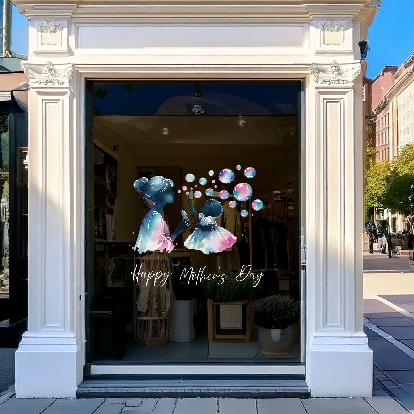 Mother & Child Blowing Bubbles Mother's Day Window Decal