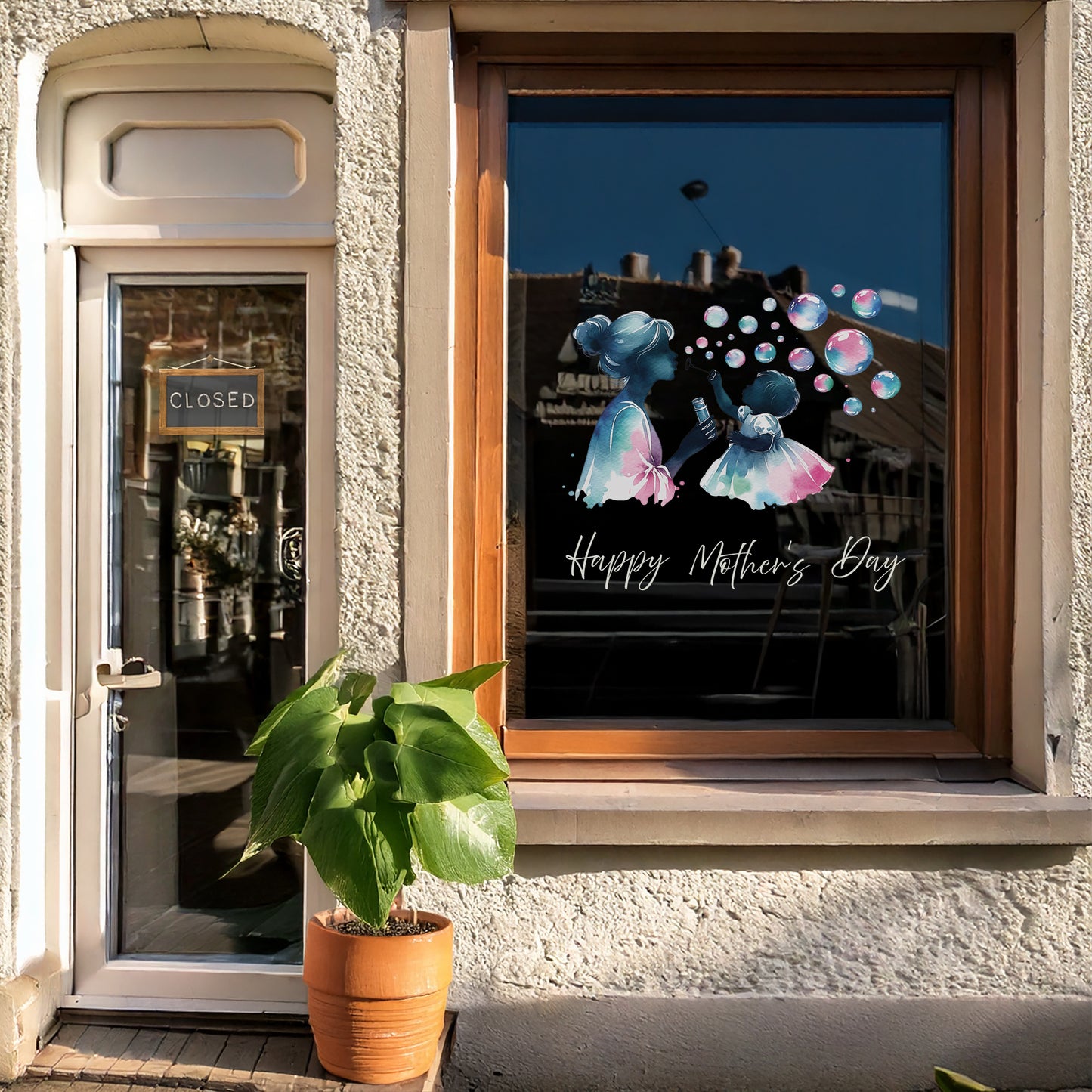 Mother & Child Blowing Bubbles Mother's Day Window Decal