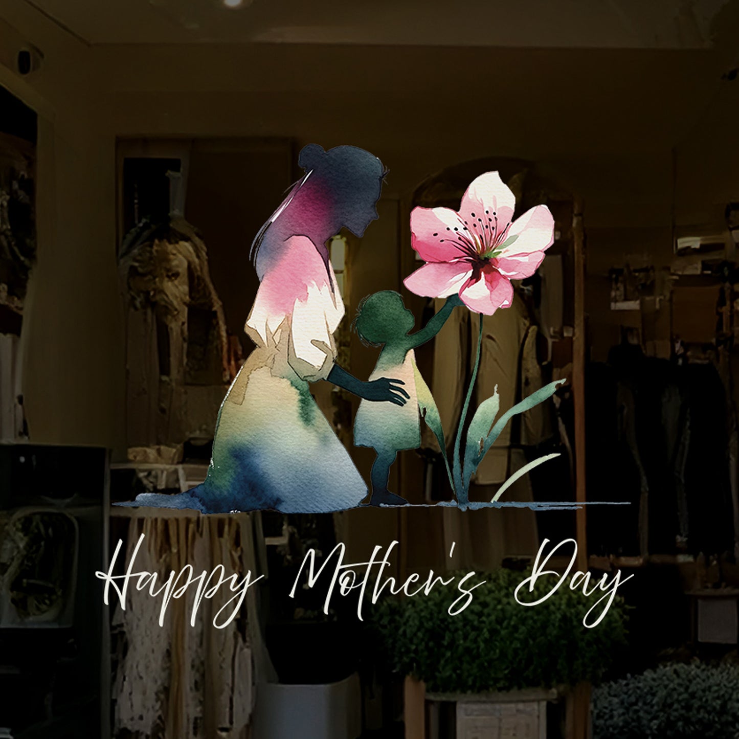 Kneeling Mother & Child with Flower Mother's Day Window Decal