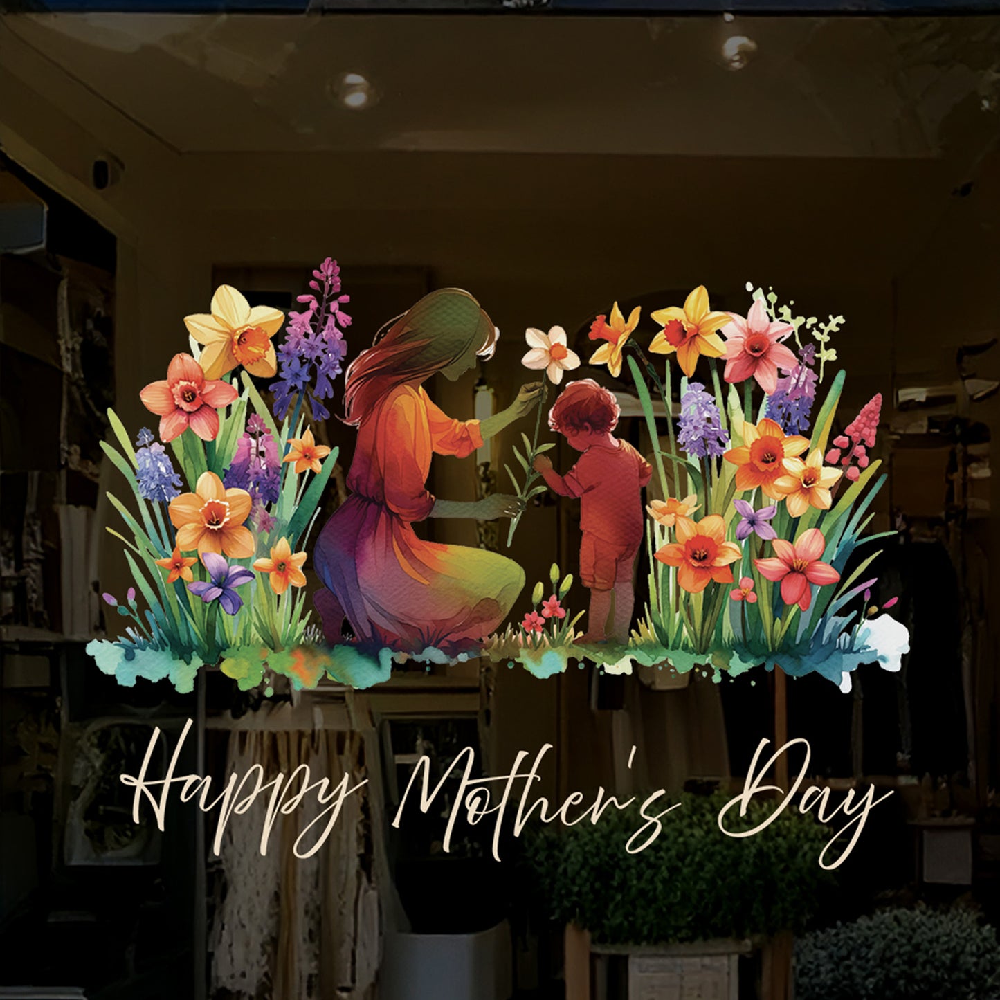 Mother & Child in Meadow Flowers Mother's Day Window Decal