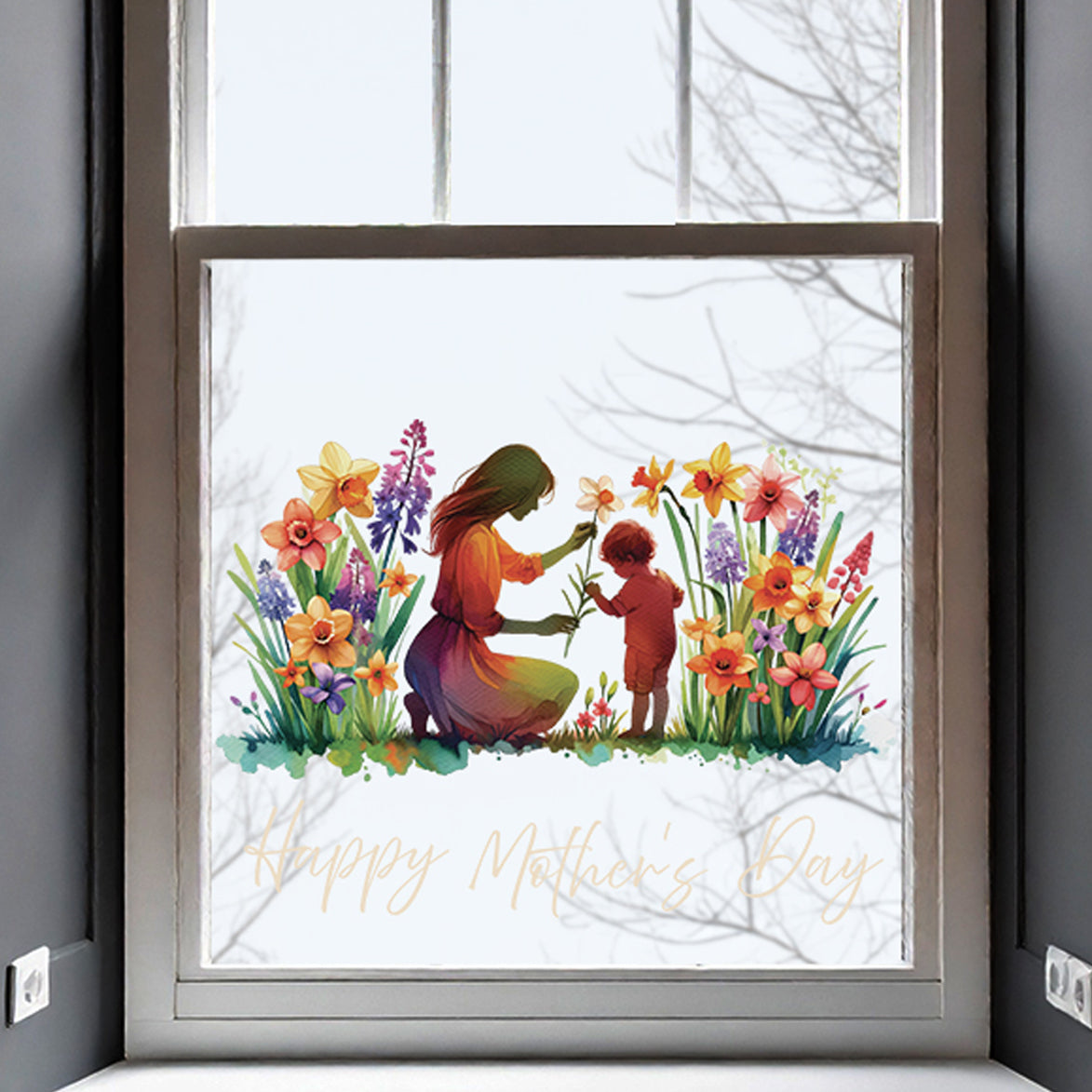 Mother & Child in Meadow Flowers Mother's Day Window Decal