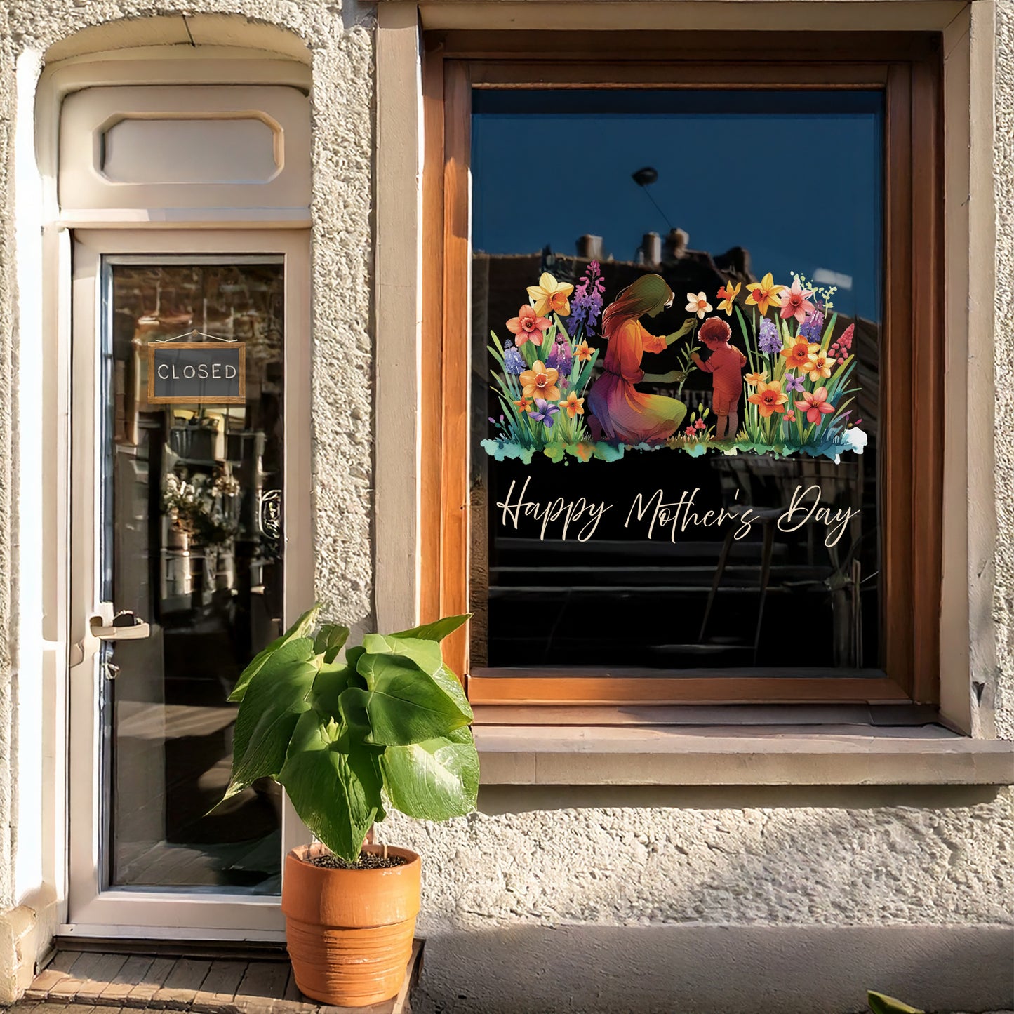 Mother & Child in Meadow Flowers Mother's Day Window Decal