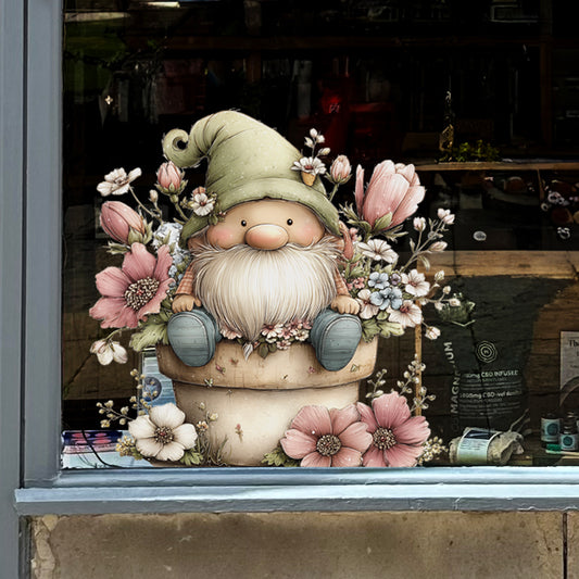 Spring Gnome in Flower Plant Pot Window Decal