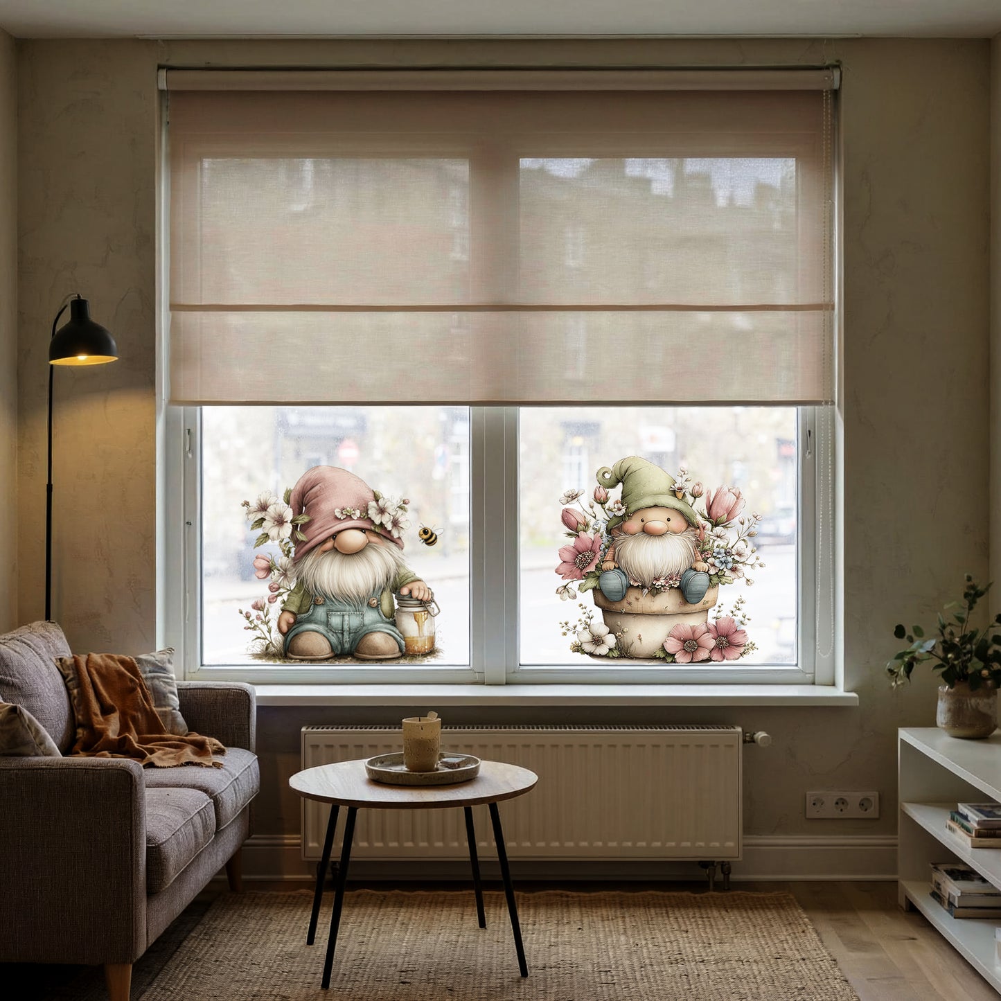 Spring Gnome in Flower Plant Pot Window Decal