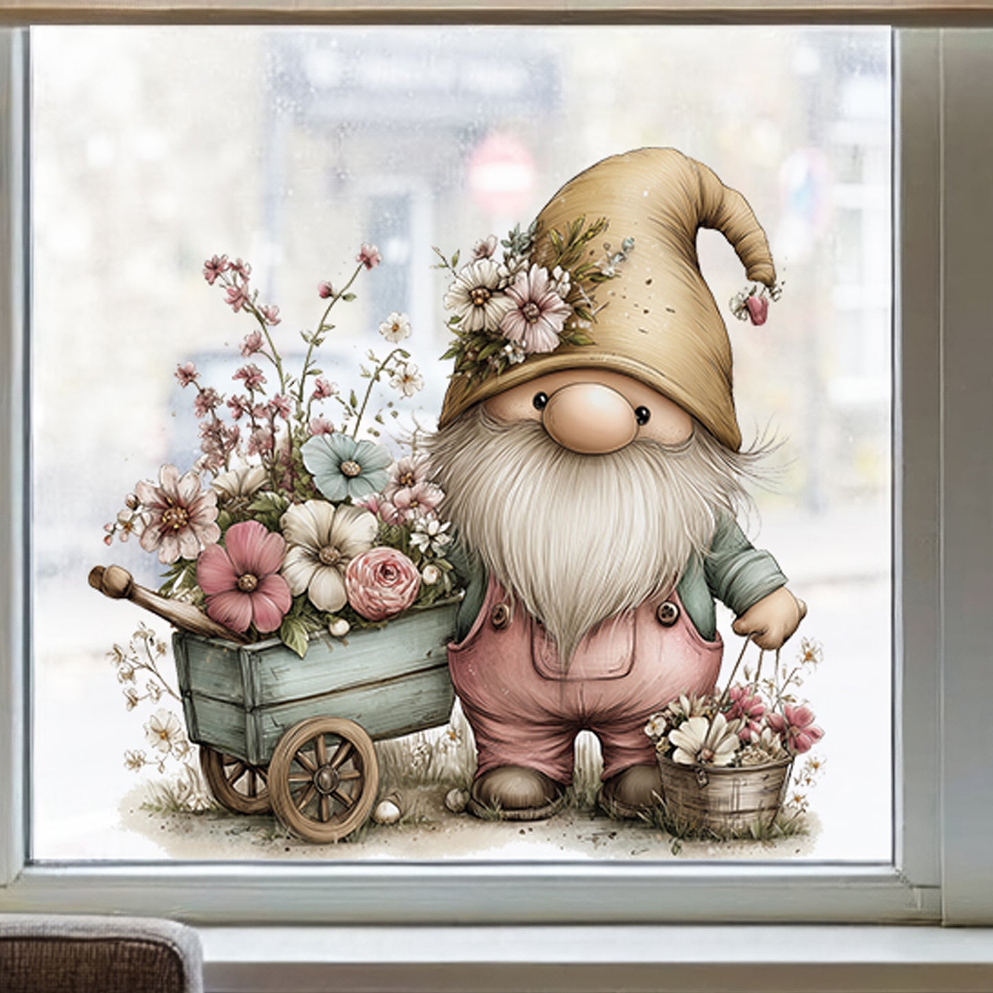 Spring Gnome with Flowers in Wheelbarrow Window Decal