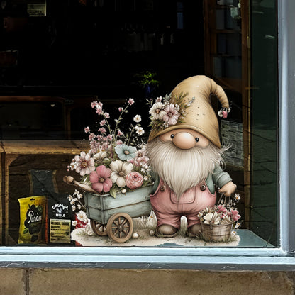 Spring Gnome with Flowers in Wheelbarrow Window Decal