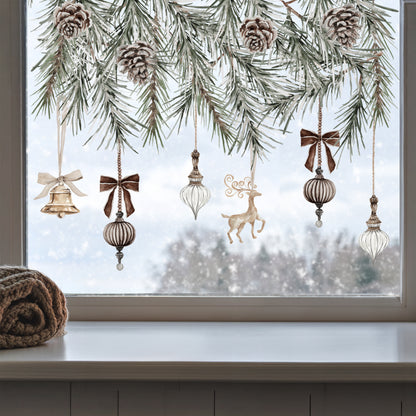 Christmas Baubles & Pine Window Decoration - Reusable Clings for Shop & Home Winter Decor