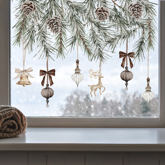 Christmas Baubles & Pine Window Decoration - Reusable Clings for Shop & Home Winter Decor