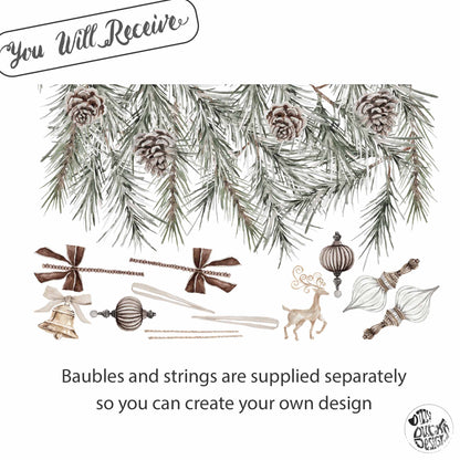 Christmas Baubles & Pine Window Decoration - Reusable Clings for Shop & Home Winter Decor