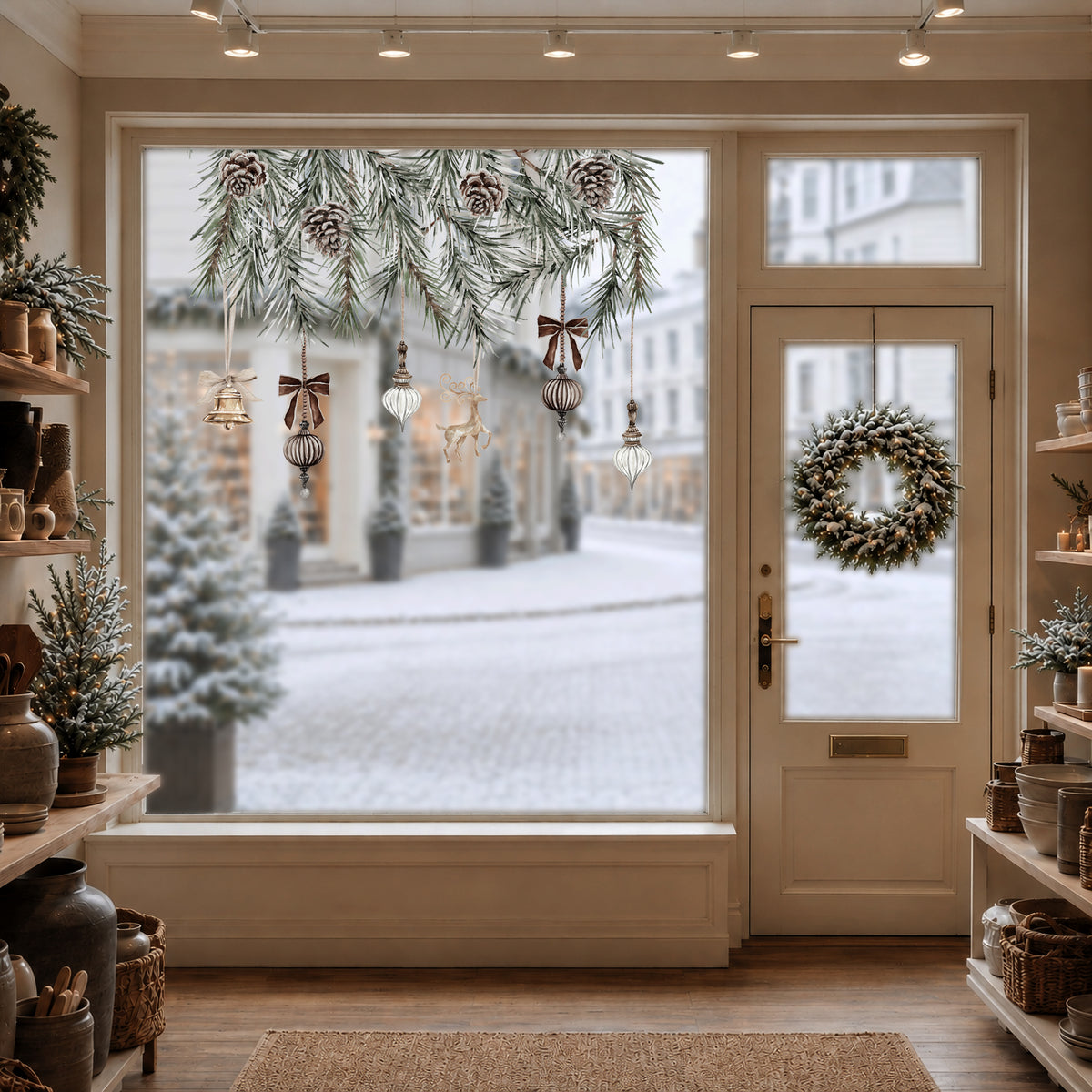 Christmas Baubles & Pine Window Decoration - Reusable Clings for Shop & Home Winter Decor
