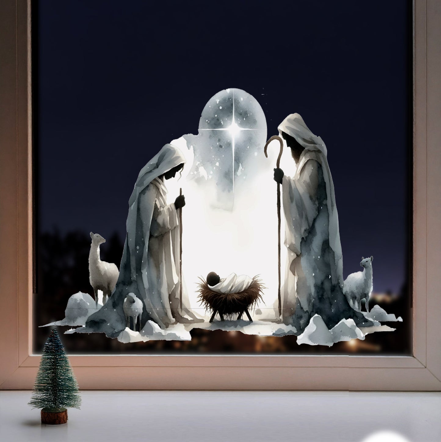 Watercolour Nativity Scene Christmas Window Decal