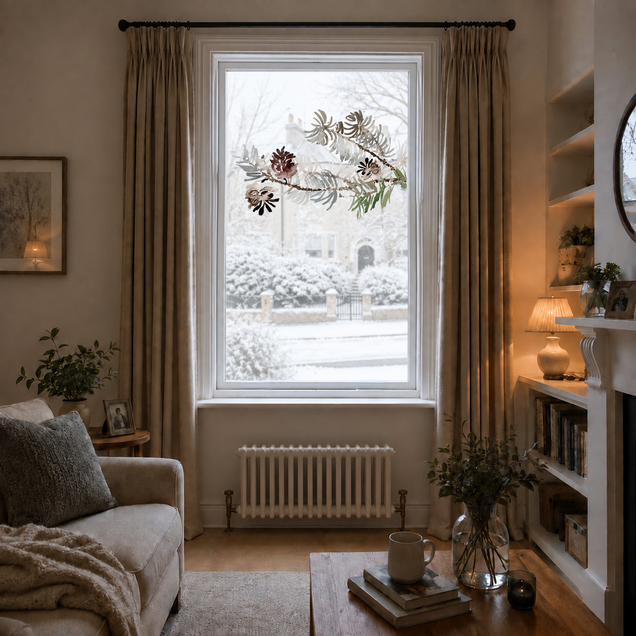 Winter Pine Branch Window Decoration - Reusable Clings for Christmas