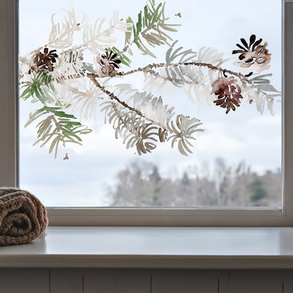 Winter Pine Branch Window Decoration - Reusable Clings for Christmas