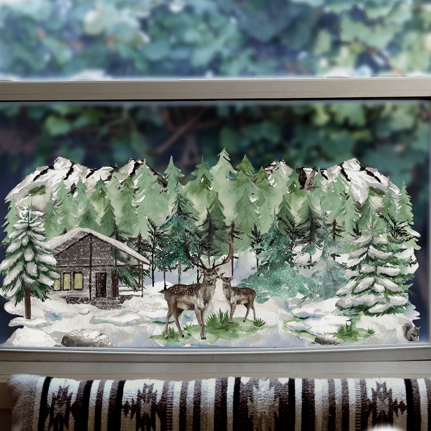 Winter Forest Cabin & Deer Scene Window Decal