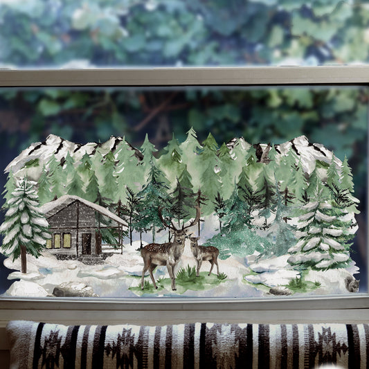 Winter Forest Cabin & Deer Scene Window Decal