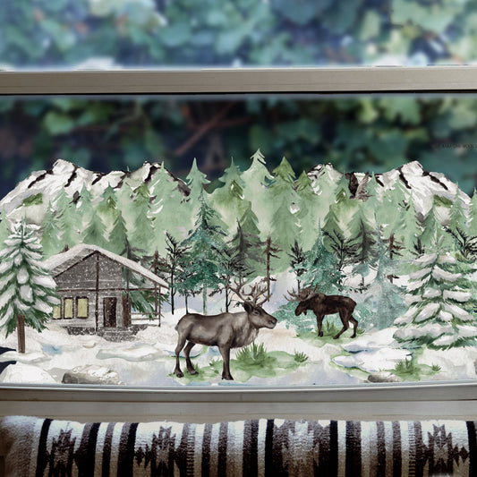 Winter Forest Cabin & Moose Scene Window Decal