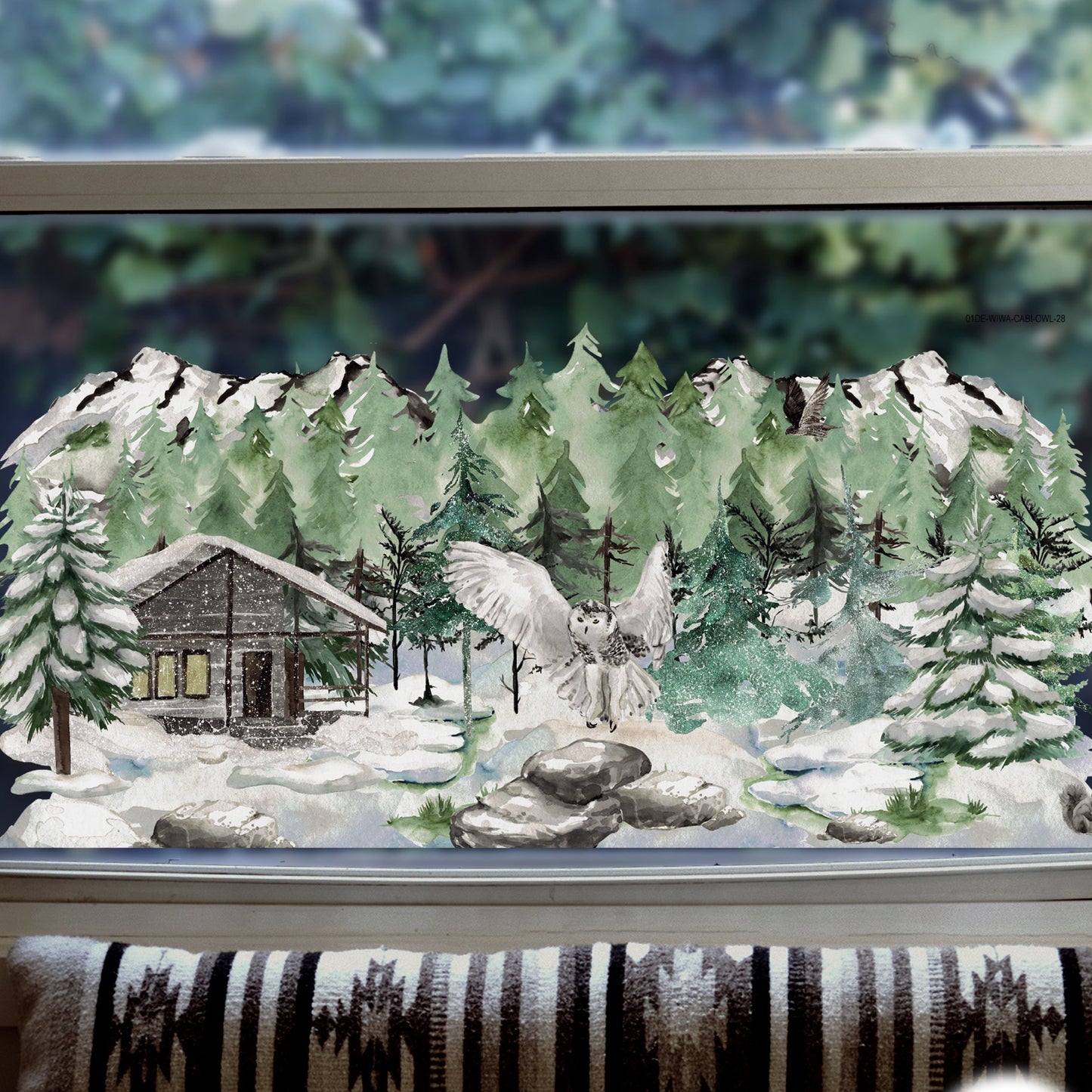 Winter Forest Cabin & Owl Scene Window Decal
