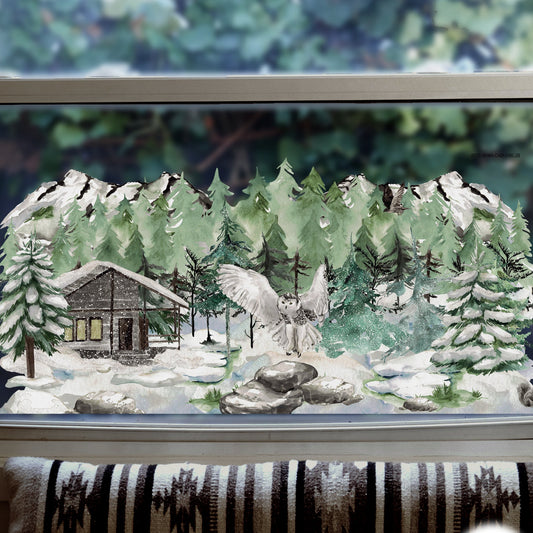 Winter Forest Cabin & Owl Scene Window Decal
