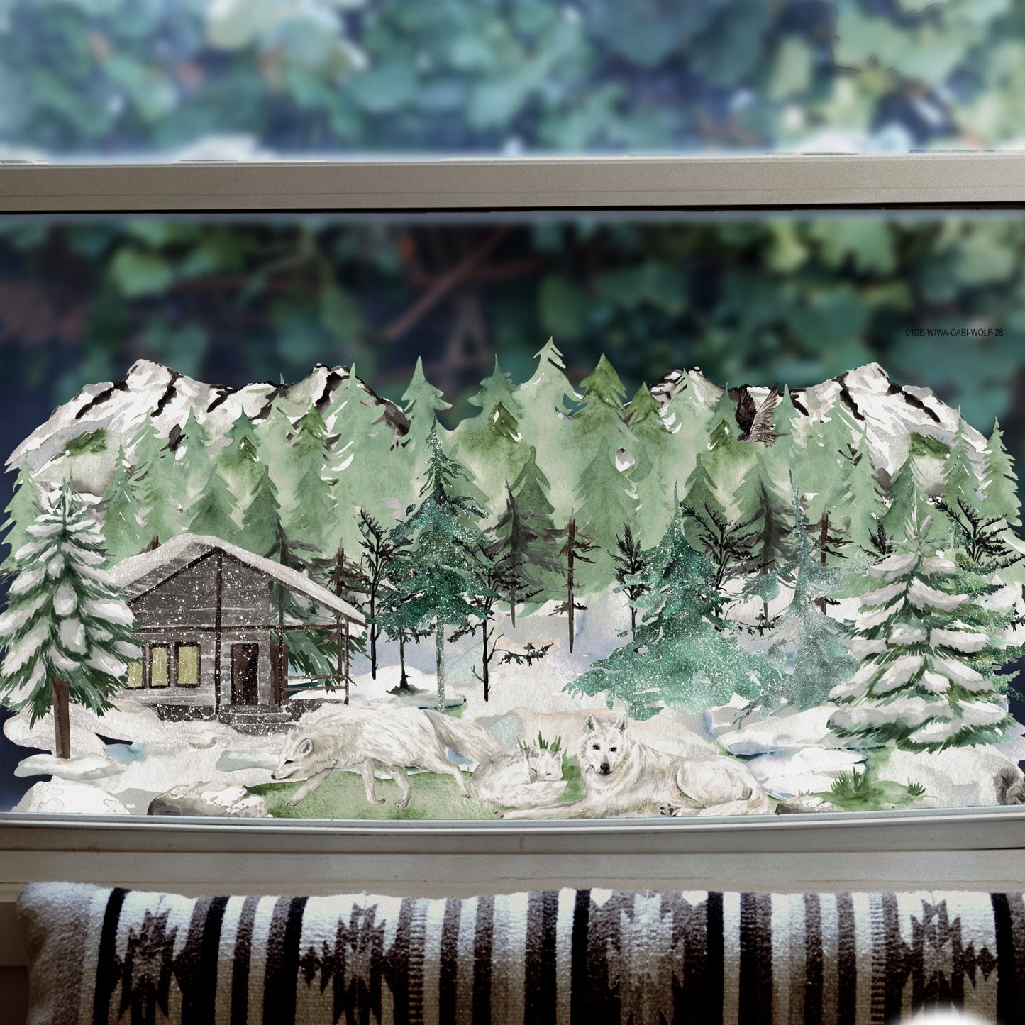 Winter Forest Cabin & Wolf Scene Window Decal