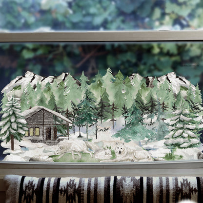 Winter Forest Cabin & Wolf Scene Window Decal
