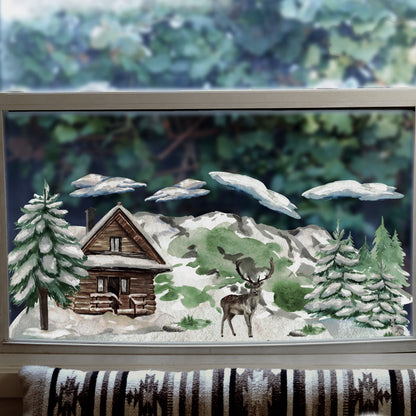 Winter Forest Log Cabin & Deer Window Decal
