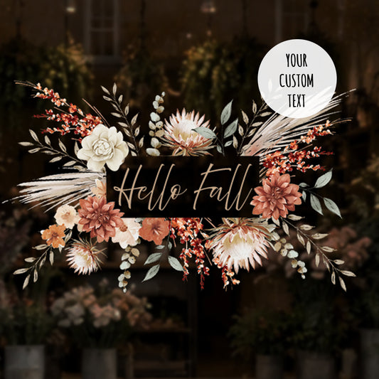 Custom Text Autumn Bohemain Flower Window Cling - Autumn Shop Display