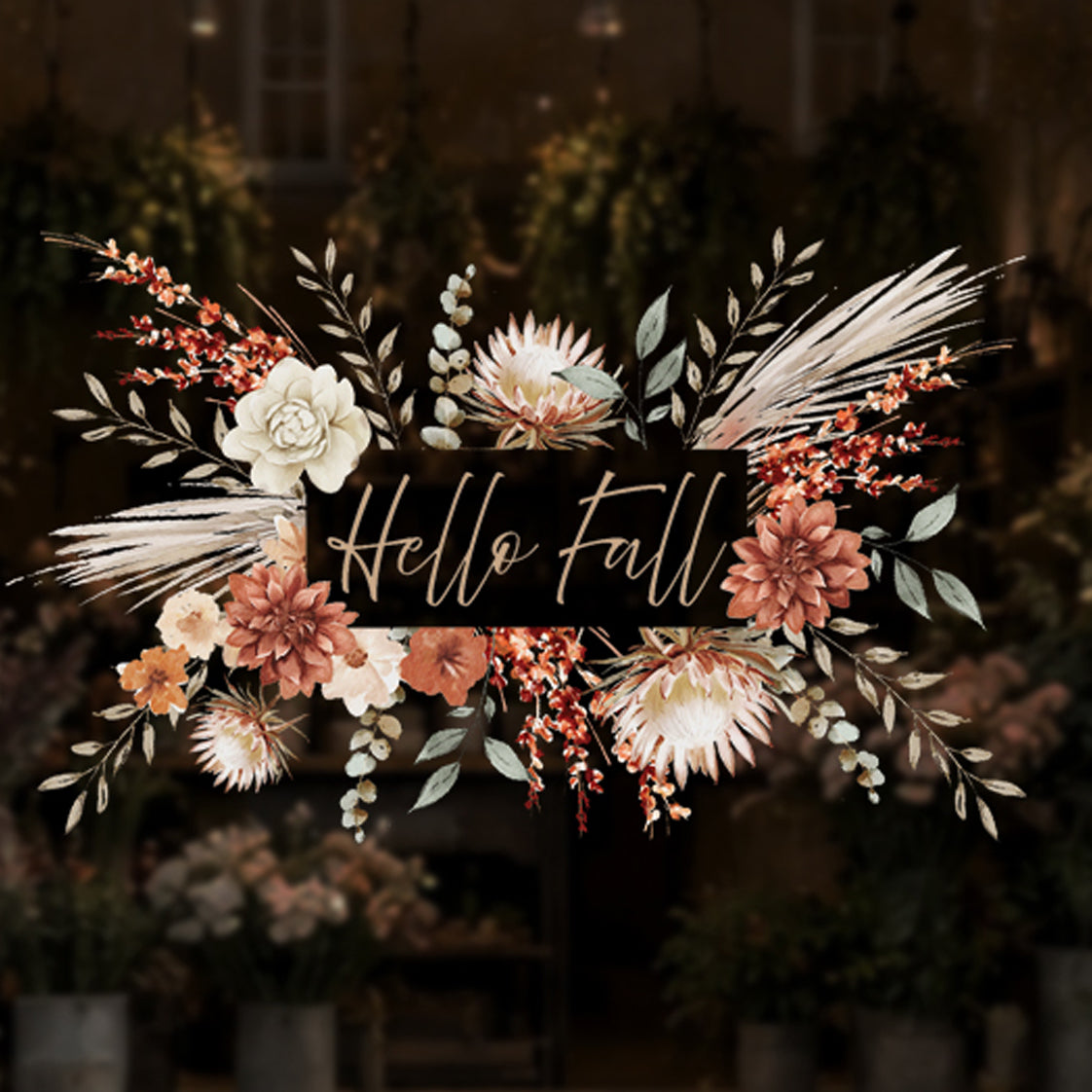 Custom Text Autumn Bohemain Flower Window Cling - Autumn Shop Display