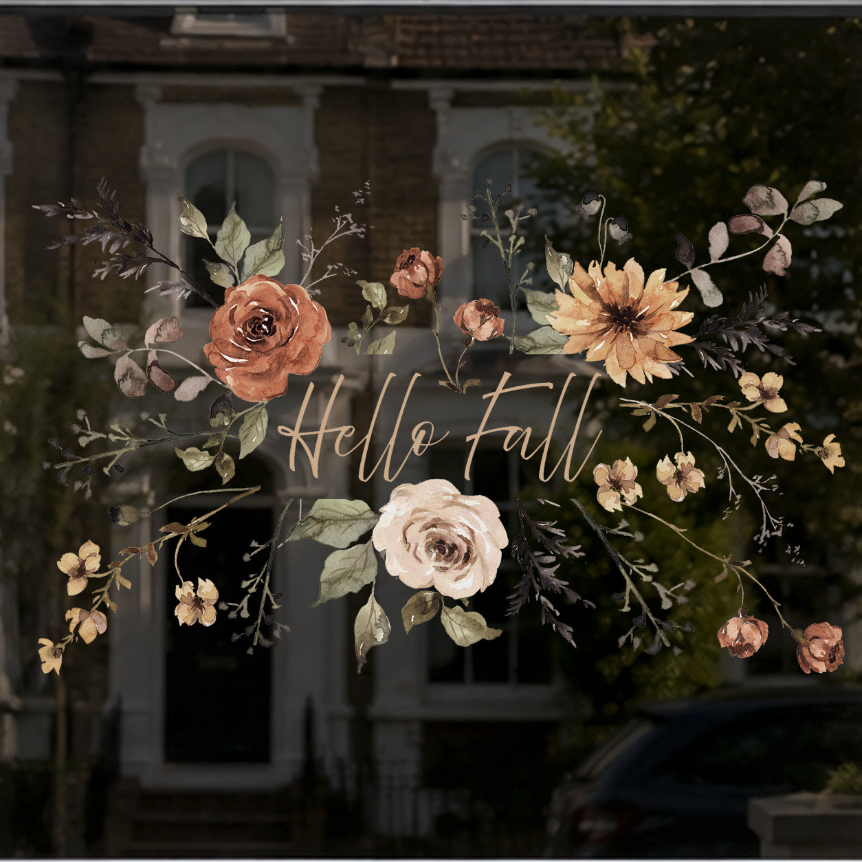Custom Quote Text Earthy Flowers Window Cling - Autumn Decor
