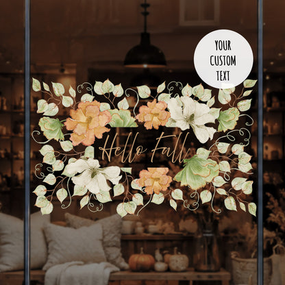 Custom Text Watercolour Green Orange Fall Floral Window Cling - Autumn Decor