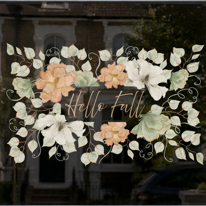Custom Text Watercolour Green Orange Fall Floral Window Cling - Autumn Decor