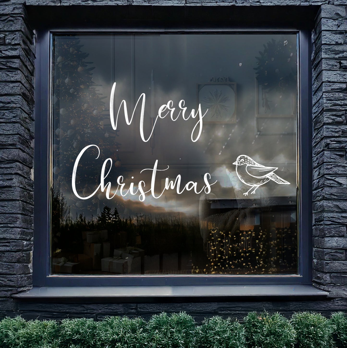White Merry Christmas Quote with Robin Window Decal Set