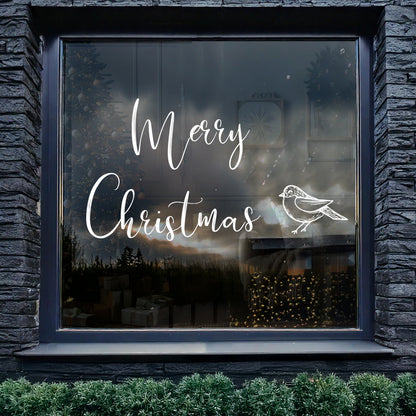 White Merry Christmas Quote with Robin Window Decal Set