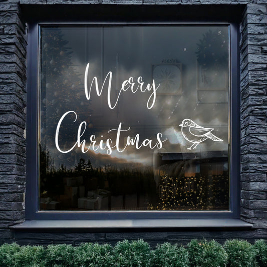 White Merry Christmas Quote with Robin Window Decal Set