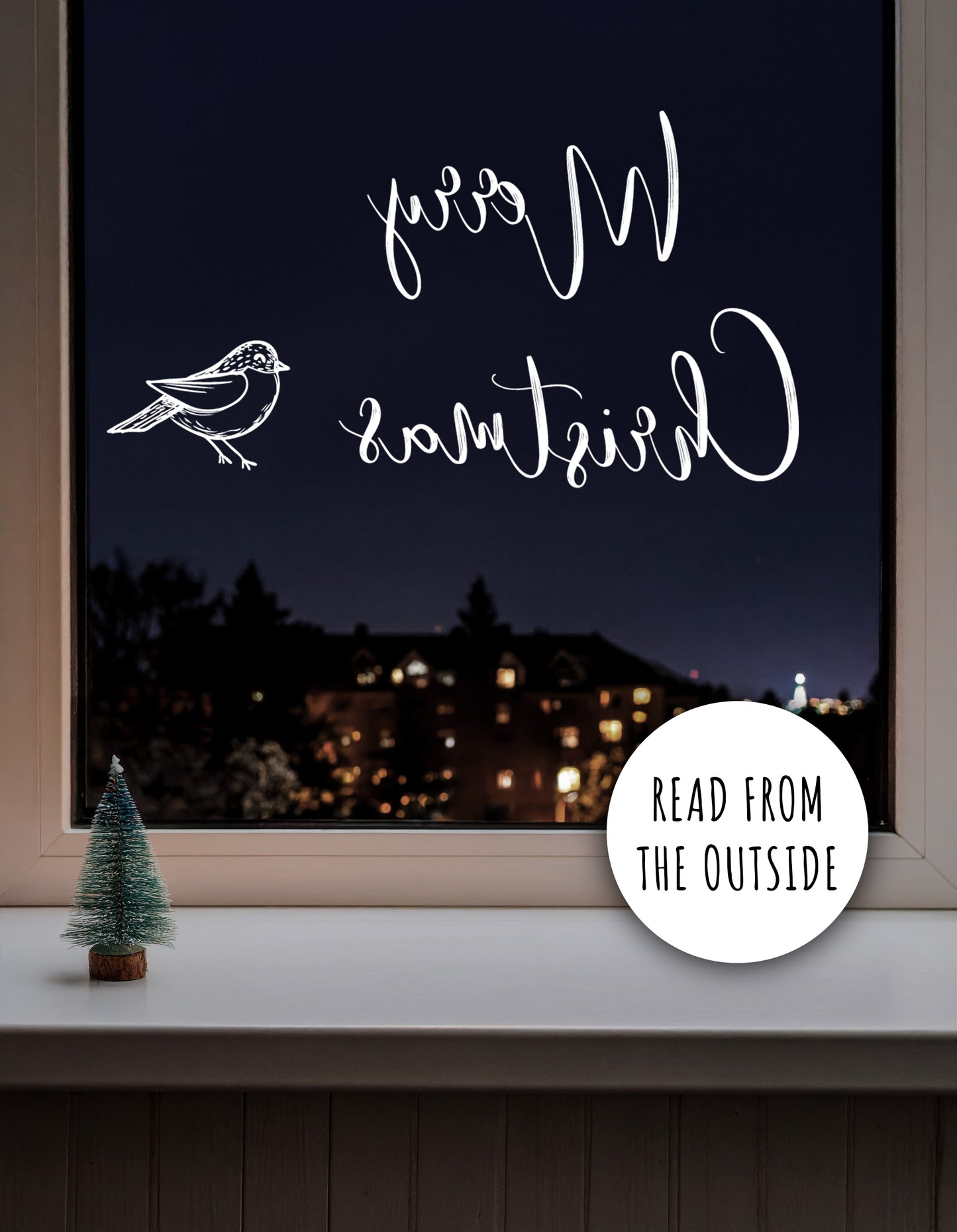 White Merry Christmas Quote with Robin Window Decal Set