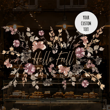 Custom Text Neutral Flowers Window Cling - Fall Autumn Shop Styling