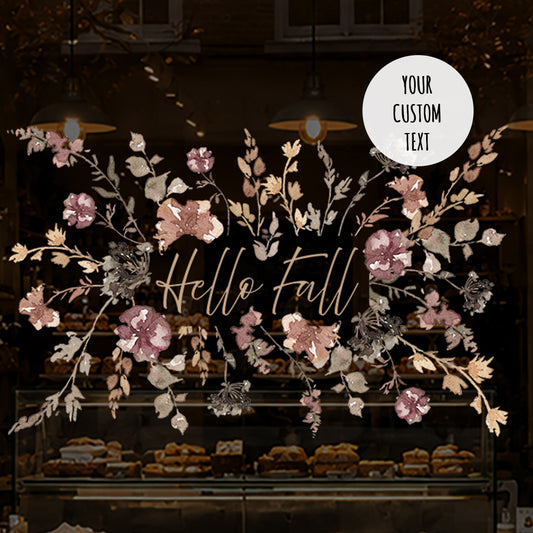 Custom Text Neutral Flowers Window Cling - Fall Autumn Shop Styling