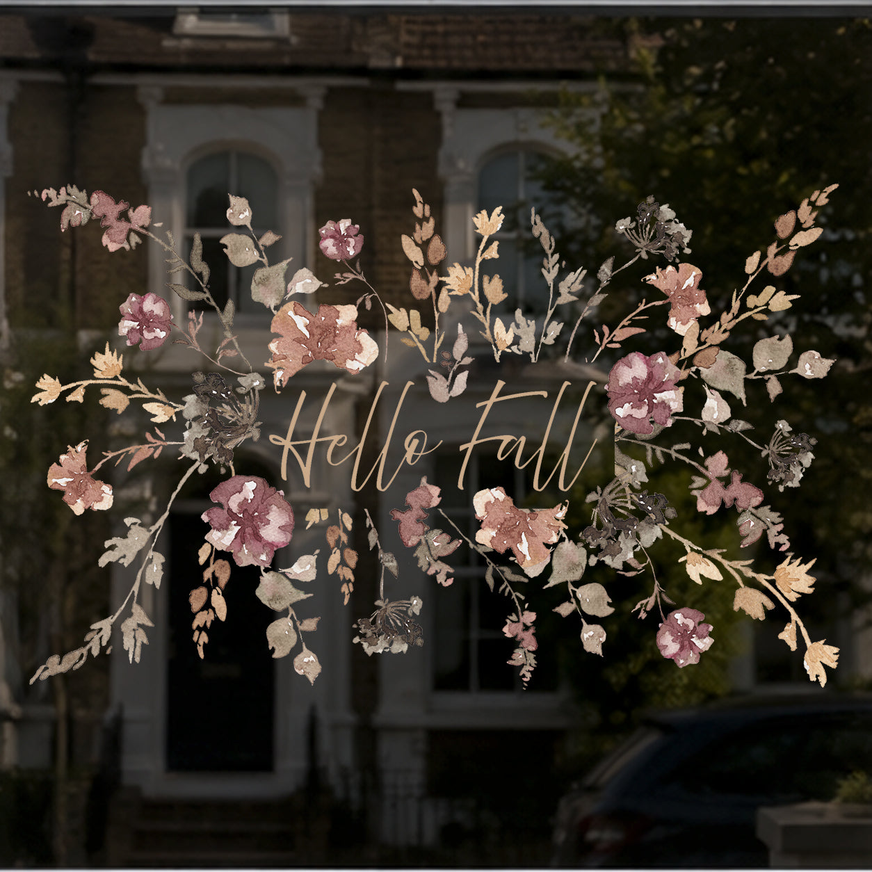 Custom Text Neutral Flowers Window Cling - Fall Autumn Shop Styling