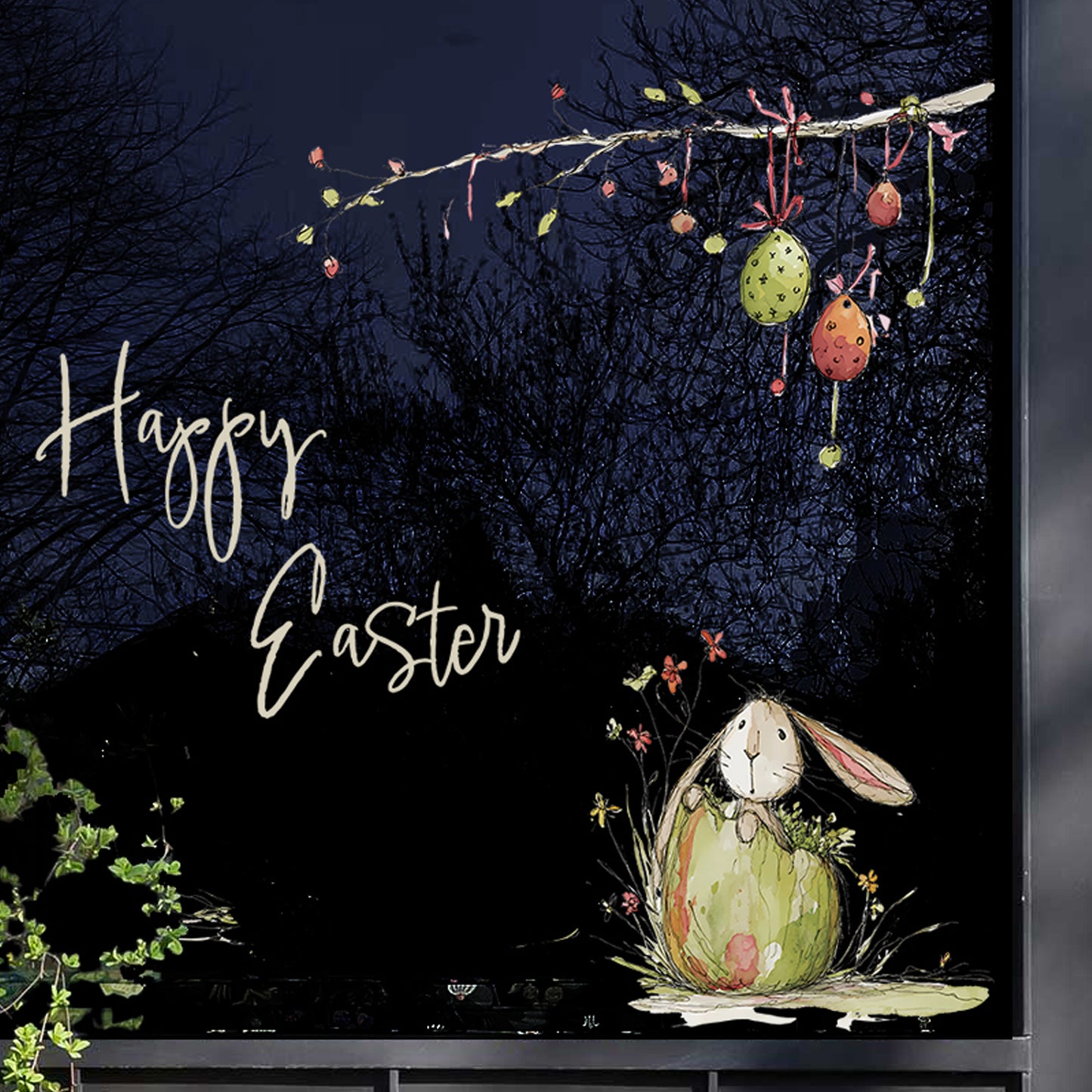 Quirky Happy Easter Rabbit & Eggs Window Decal Set
