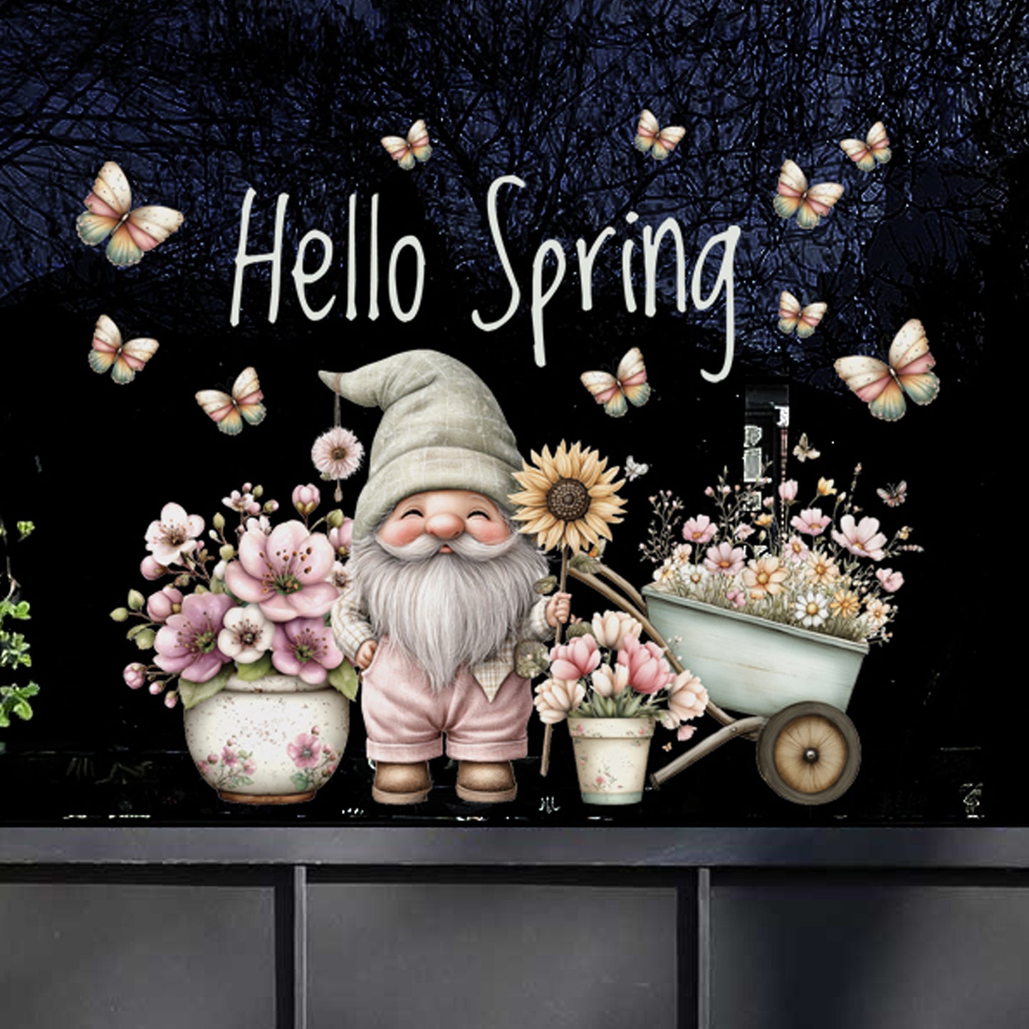 Hello Spring Gnome with Flowers Window Decal Set