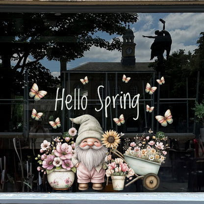 Hello Spring Gnome with Flowers Window Decal Set