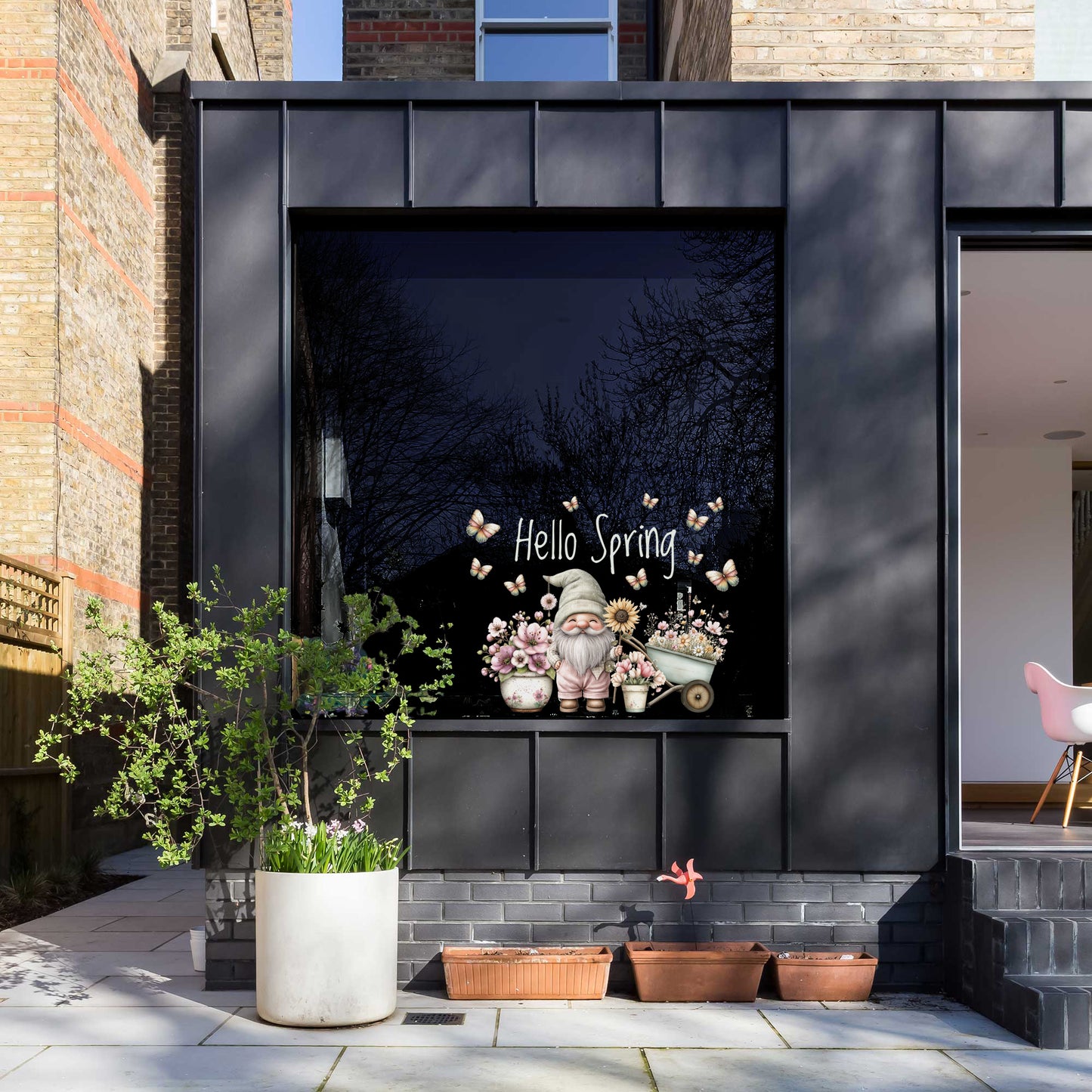 Hello Spring Gnome with Flowers Window Decal Set