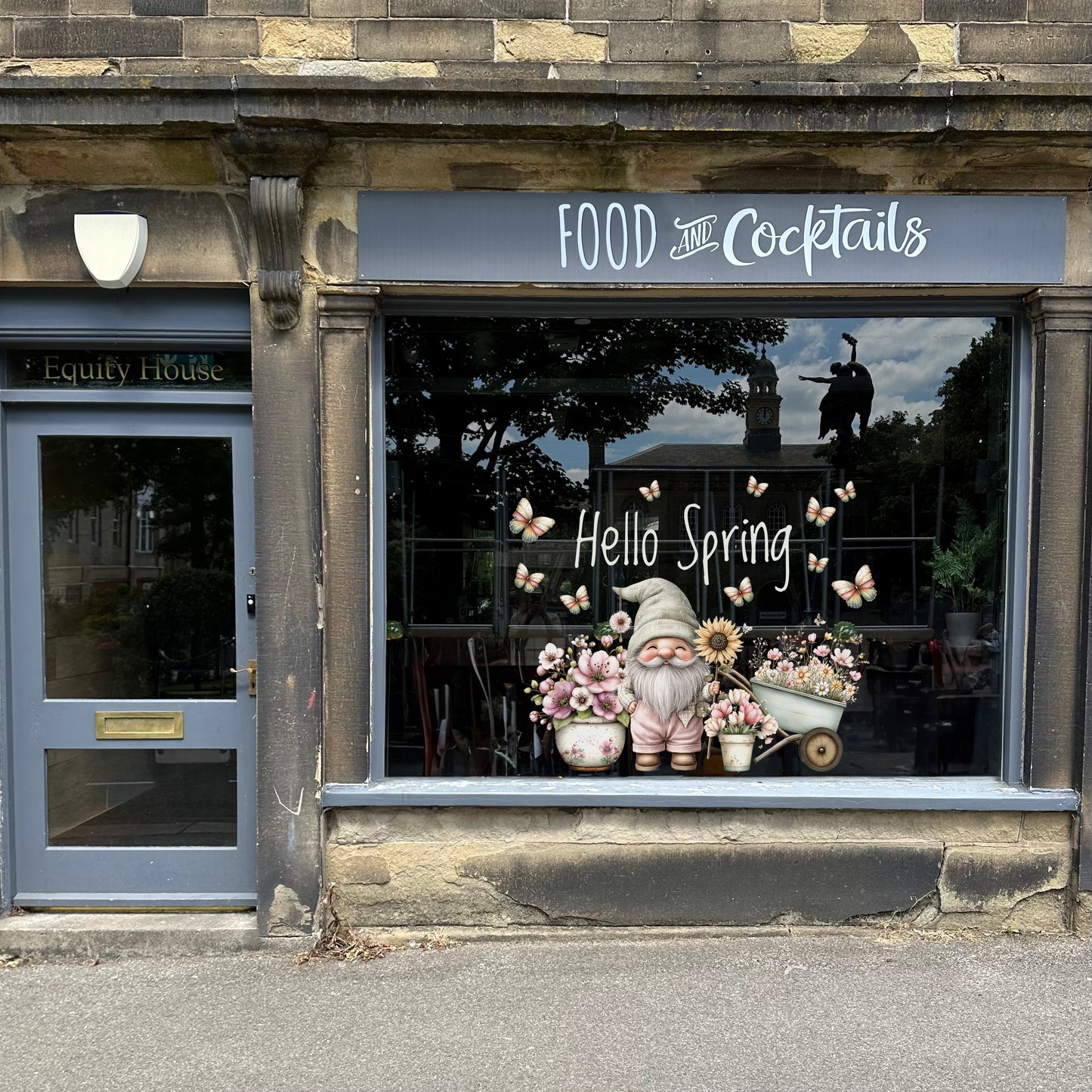 Hello Spring Gnome with Flowers Window Decal Set