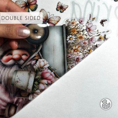 Hello Spring Gnome with Flowers Window Decal Set