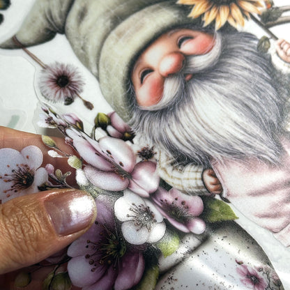 Hello Spring Gnome with Flowers Window Decal Set