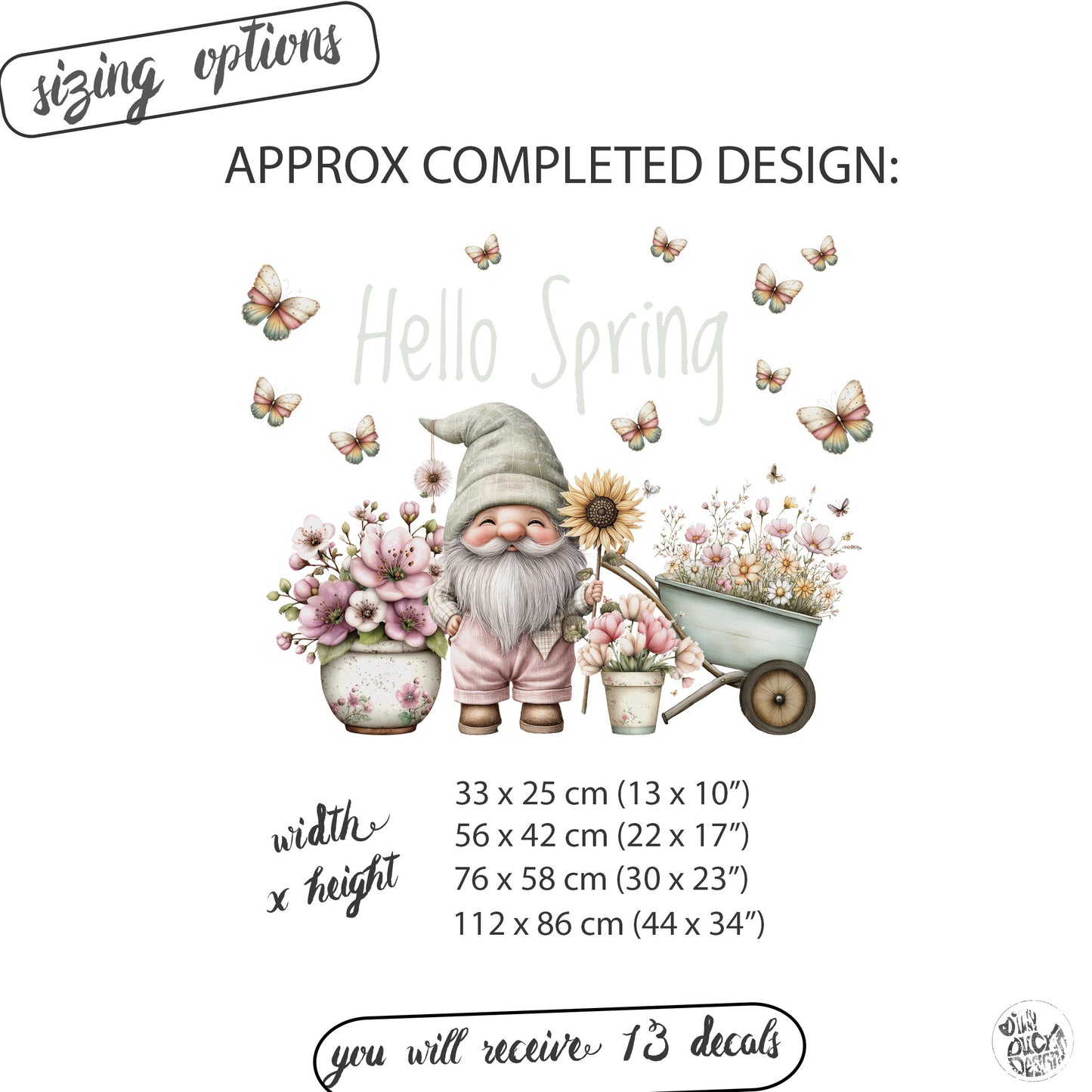 Hello Spring Gnome with Flowers Window Decal Set